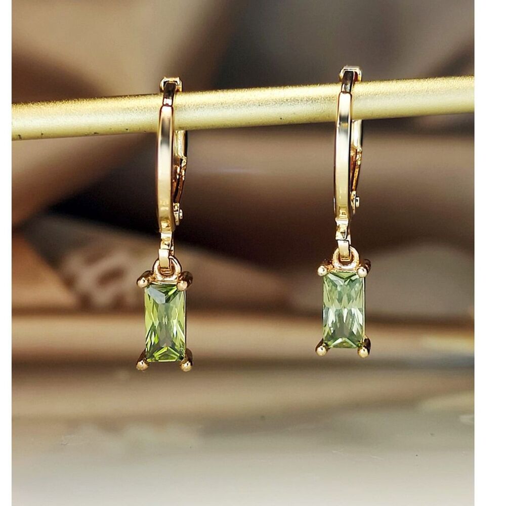 Emerald Cut Peridot Green Zirconia Crystal Drop Hoop Earrings Gold Dangle Gemstn